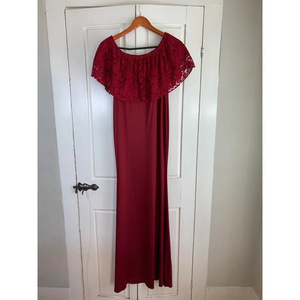 Burgundy Lace Off-Shoulder Maxi‎ Dress Romantic Vampire Whimsigoth Soft Goth M